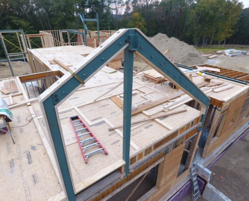 House under constructuon showing steel supporting structure