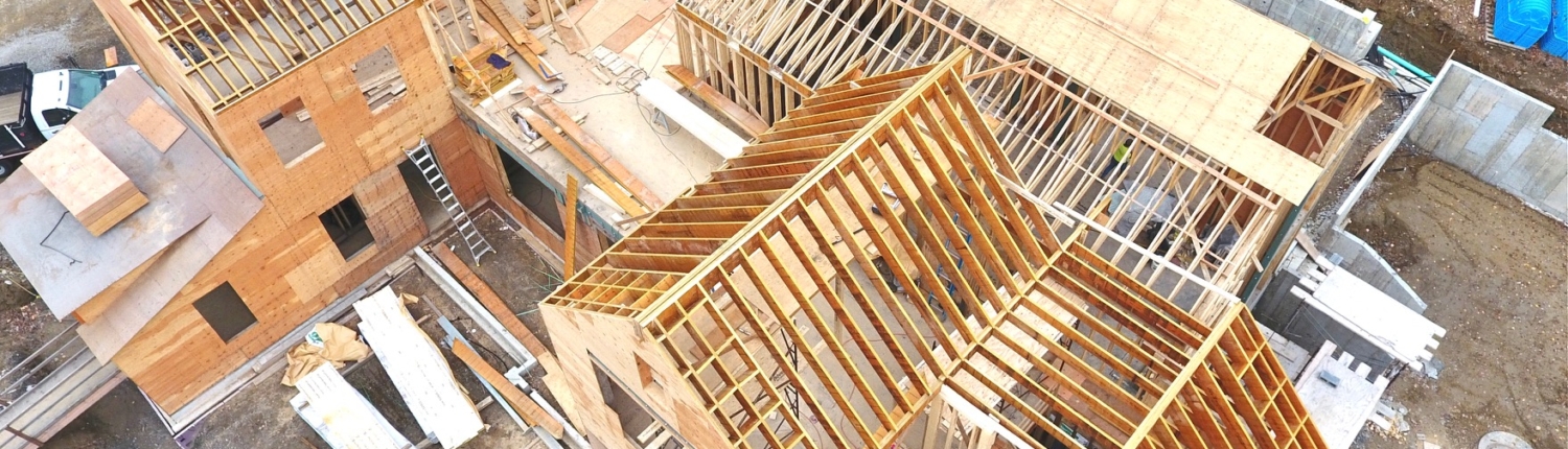 Construction photo showing the framing of the roof